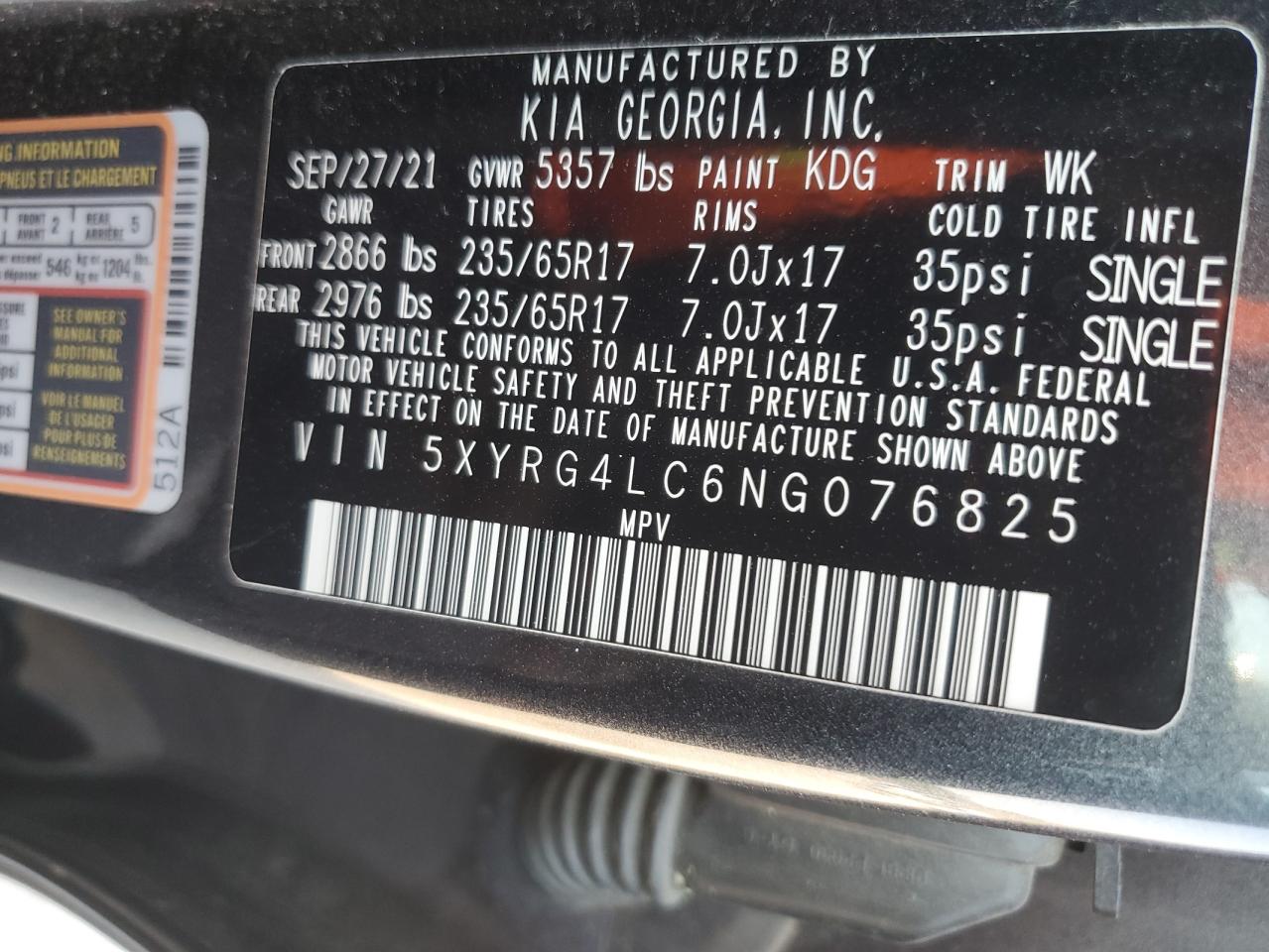 2022 KIA SORENTO LX VIN:5XYRG4LC6NG076825