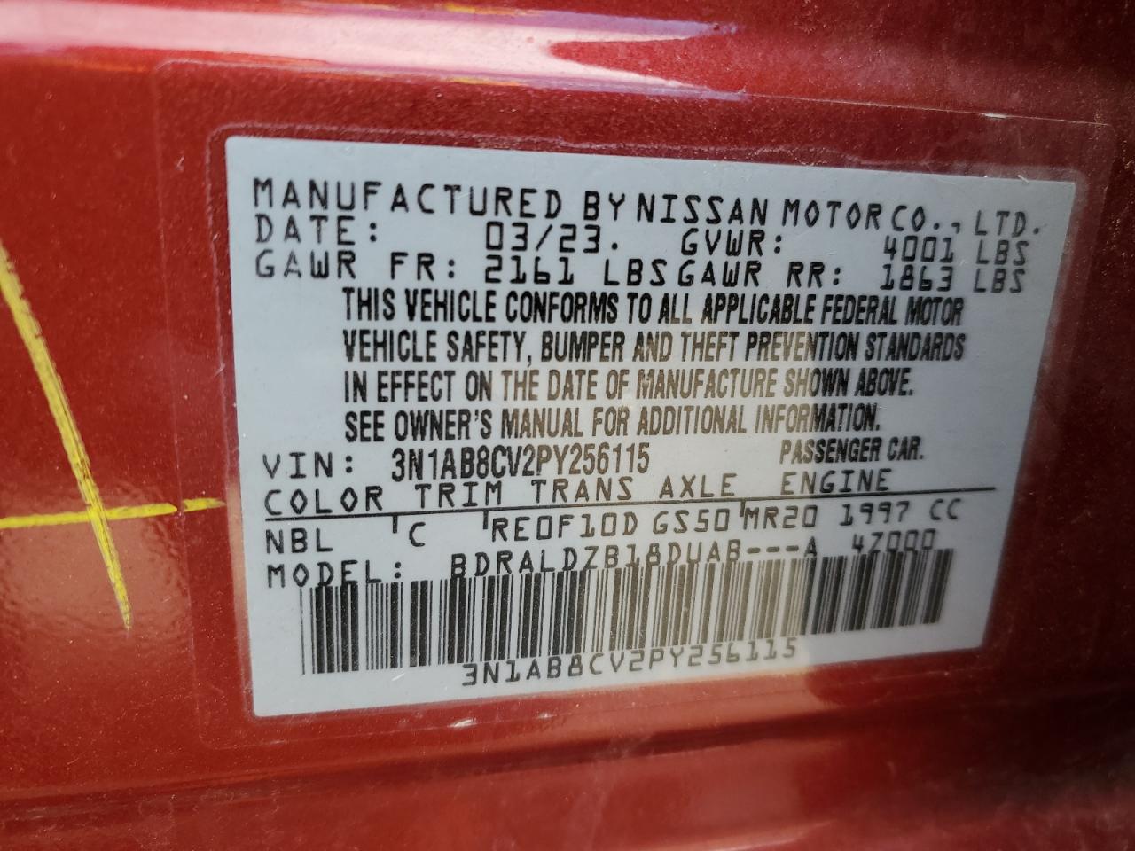 2023 NISSAN SENTRA SV VIN:3N1AB8CV2PY256115