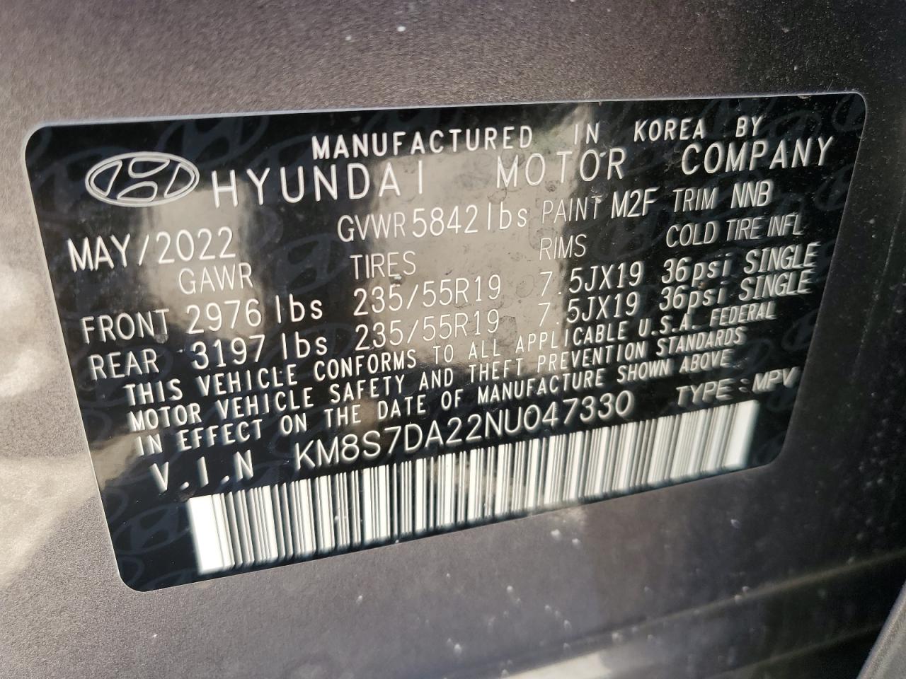 2022 HYUNDAI SANTA FE LIMITED VIN:KM8S7DA22NU047330