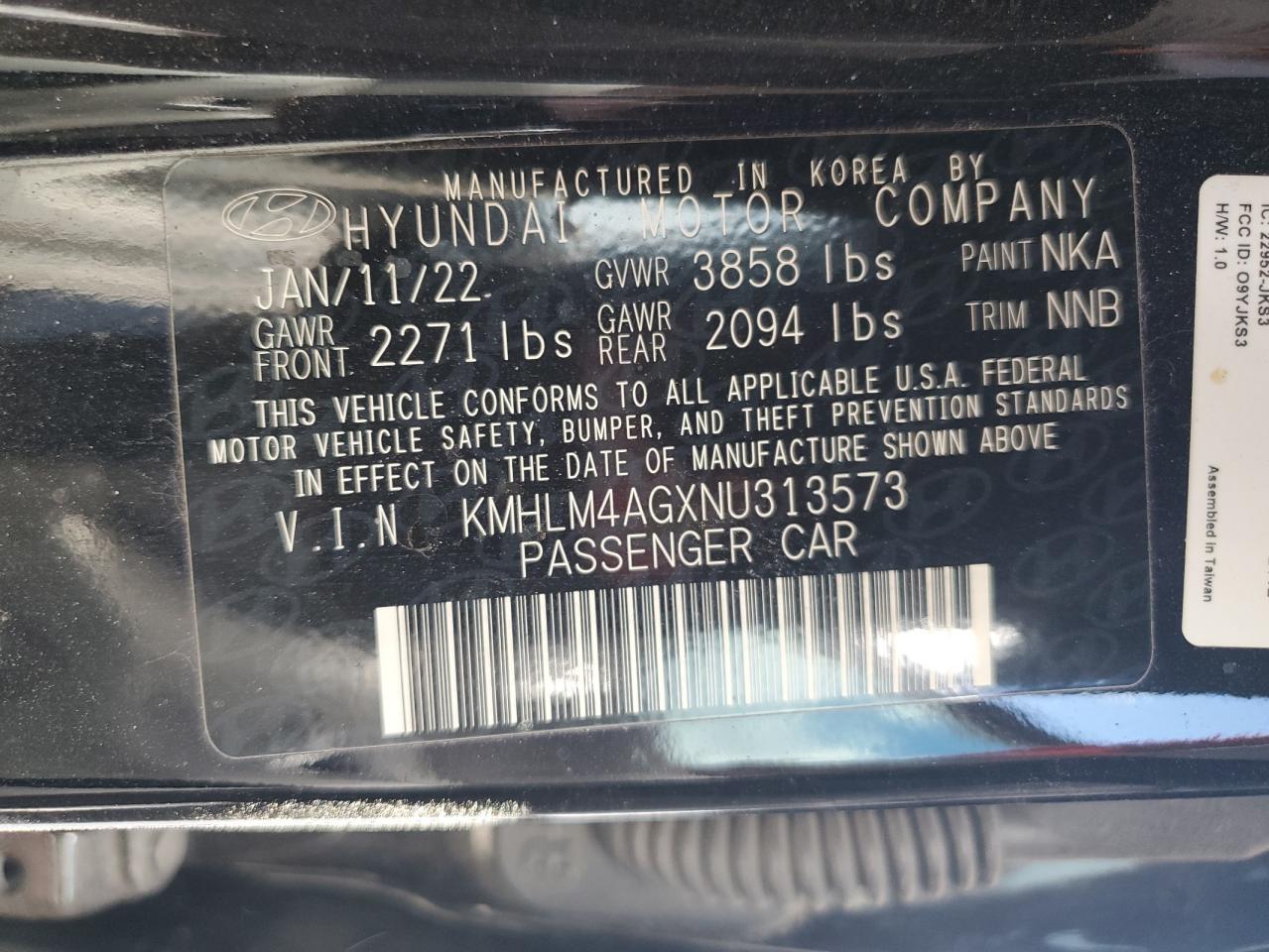 2022 HYUNDAI ELANTRA SEL VIN:KMHLM4AGXNU313573