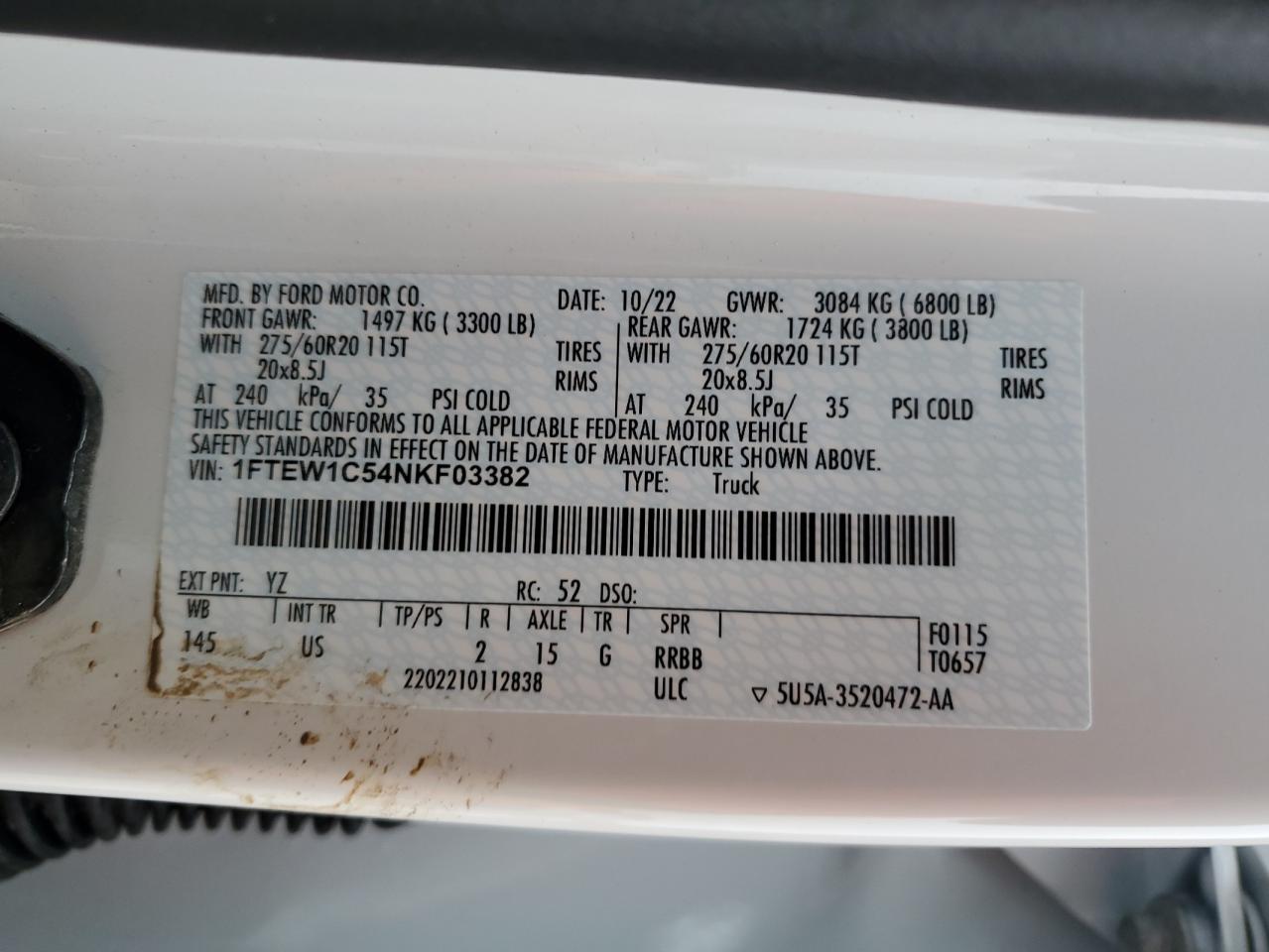 2022 FORD F150 SUPERCREW VIN:1FTEW1C54NKF03382