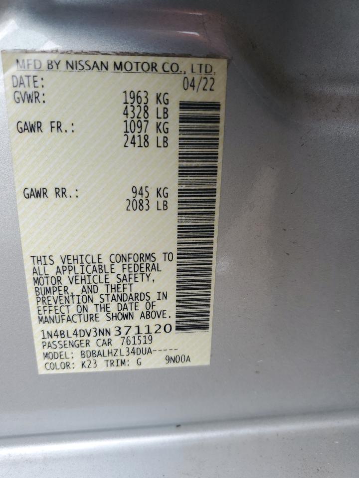2022 NISSAN ALTIMA SV VIN:1N4BL4DV3NN371120