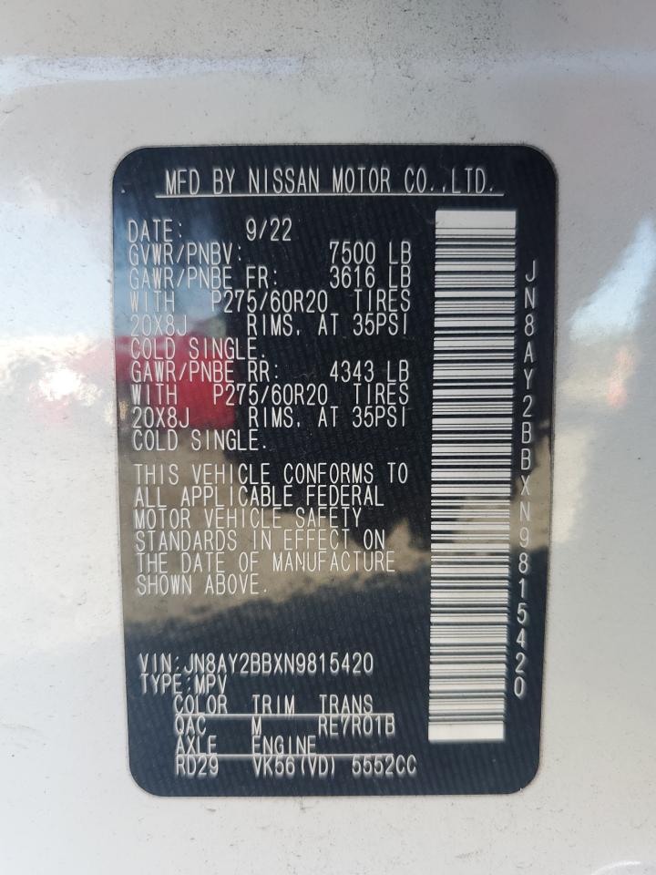 2022 NISSAN ARMADA SL VIN:JN8AY2BBXN9815420
