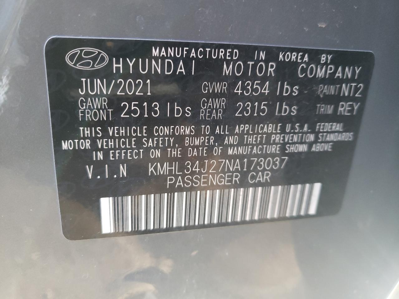 2022 HYUNDAI SONATA LIMITED VIN:KMHL34J27NA173037