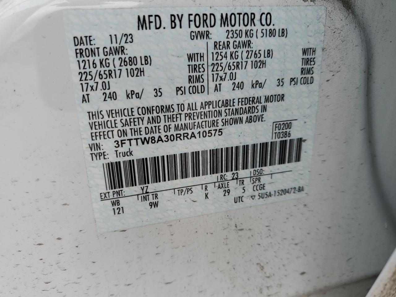 2024 FORD MAVERICK XL VIN:3FTTW8A30RRA10575