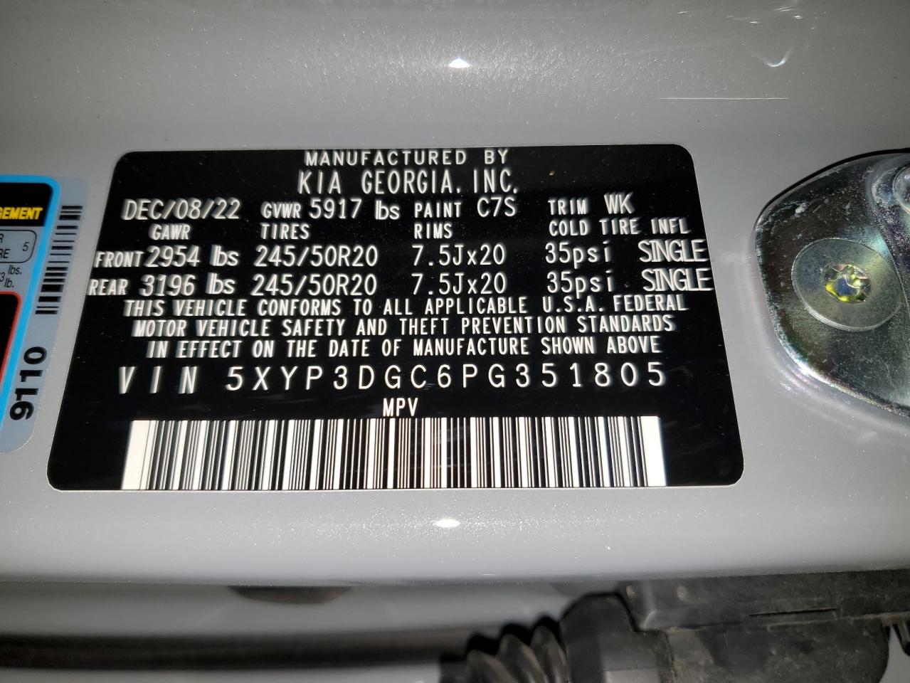 2023 KIA TELLURIDE EX VIN:5XYP3DGC6PG351805