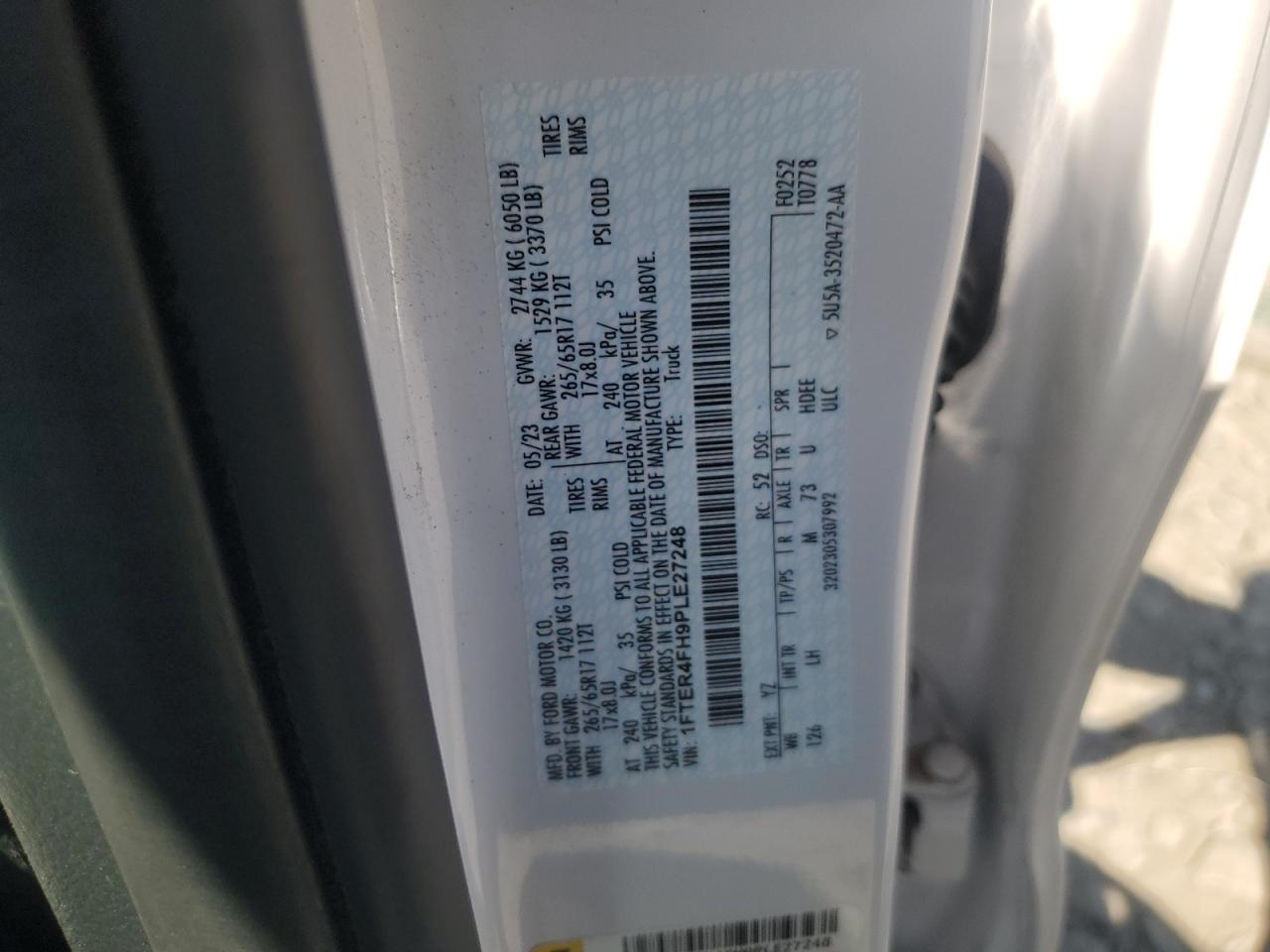 2023 FORD RANGER XL VIN:1FTER4FH9PLE27248