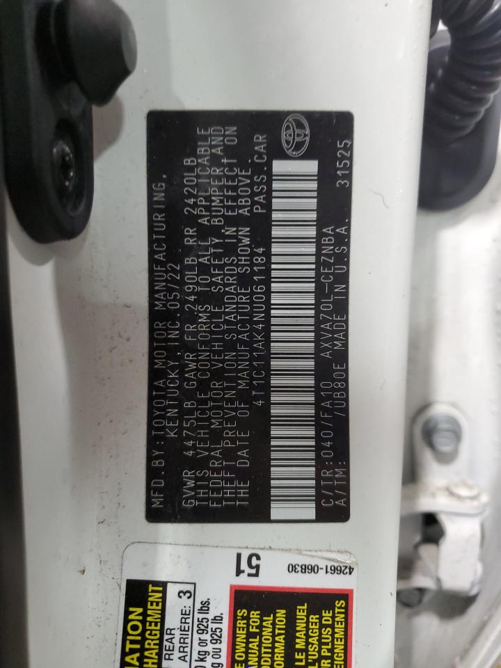 2022 TOYOTA CAMRY LE VIN:4T1C11AK4NU061184