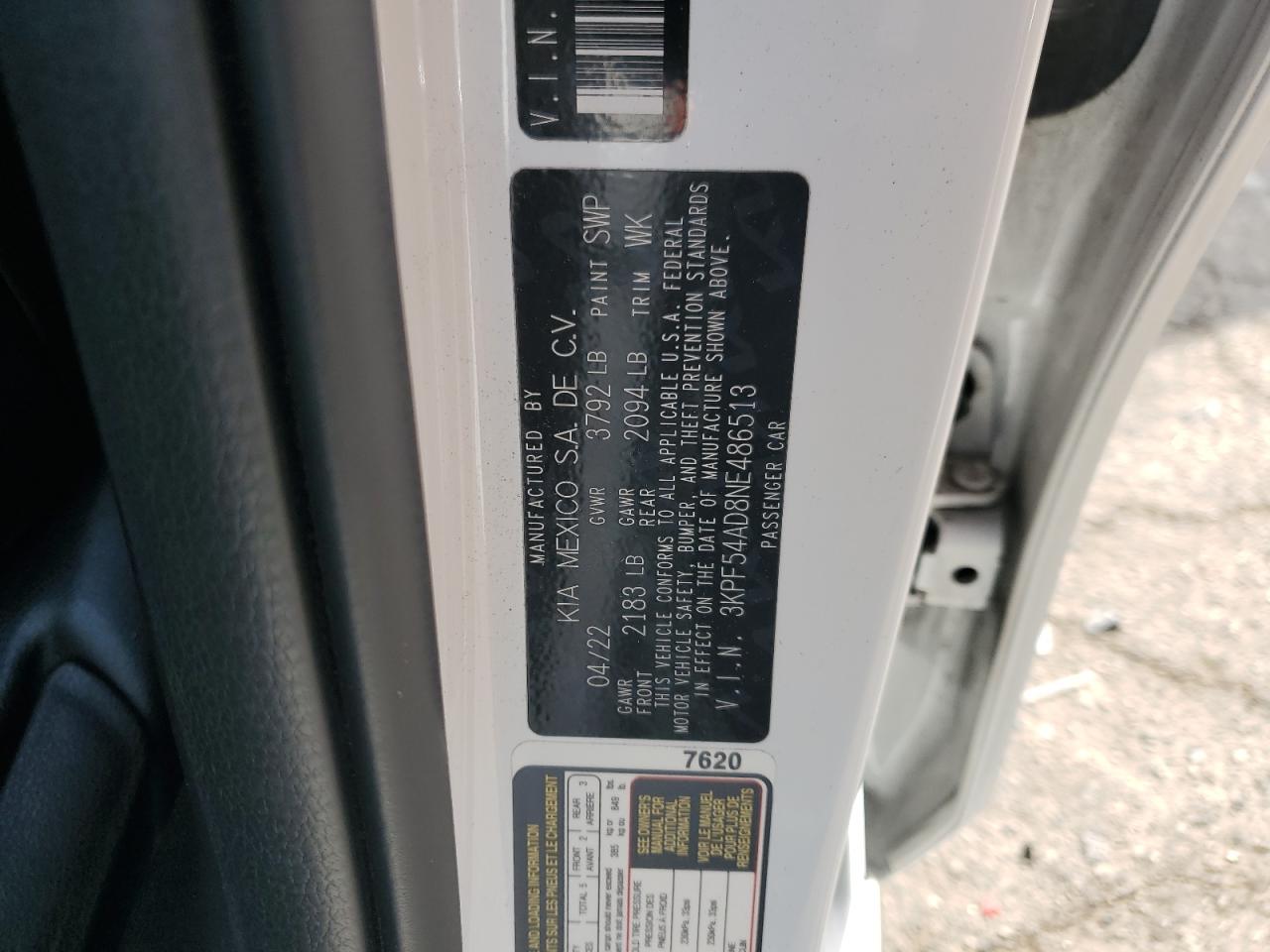 2022 KIA FORTE GT LINE VIN:3KPF54AD8NE486513