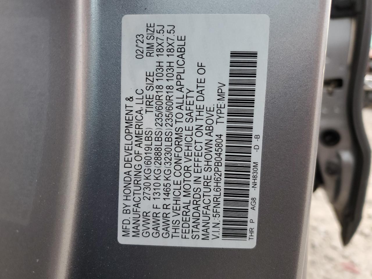 2023 HONDA ODYSSEY EXL VIN:5FNRL6H62PB045804