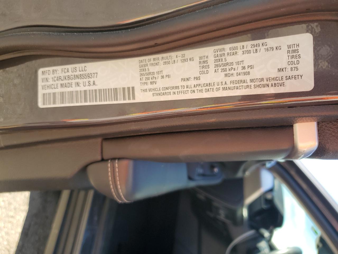 2022 JEEP GRAND CHEROKEE L LIMITED VIN:1C4RJKBG8N8559377