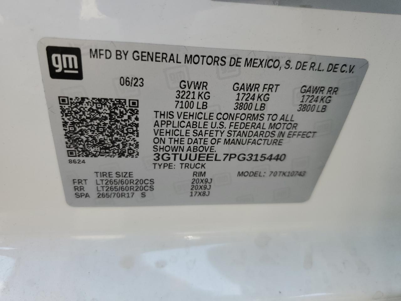2023 GMC SIERRA K1500 AT4 VIN:3GTUUEEL7PG315440