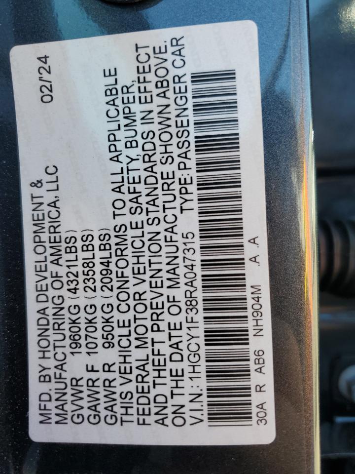2024 HONDA ACCORD EX VIN:1HGCY1F38RA047315