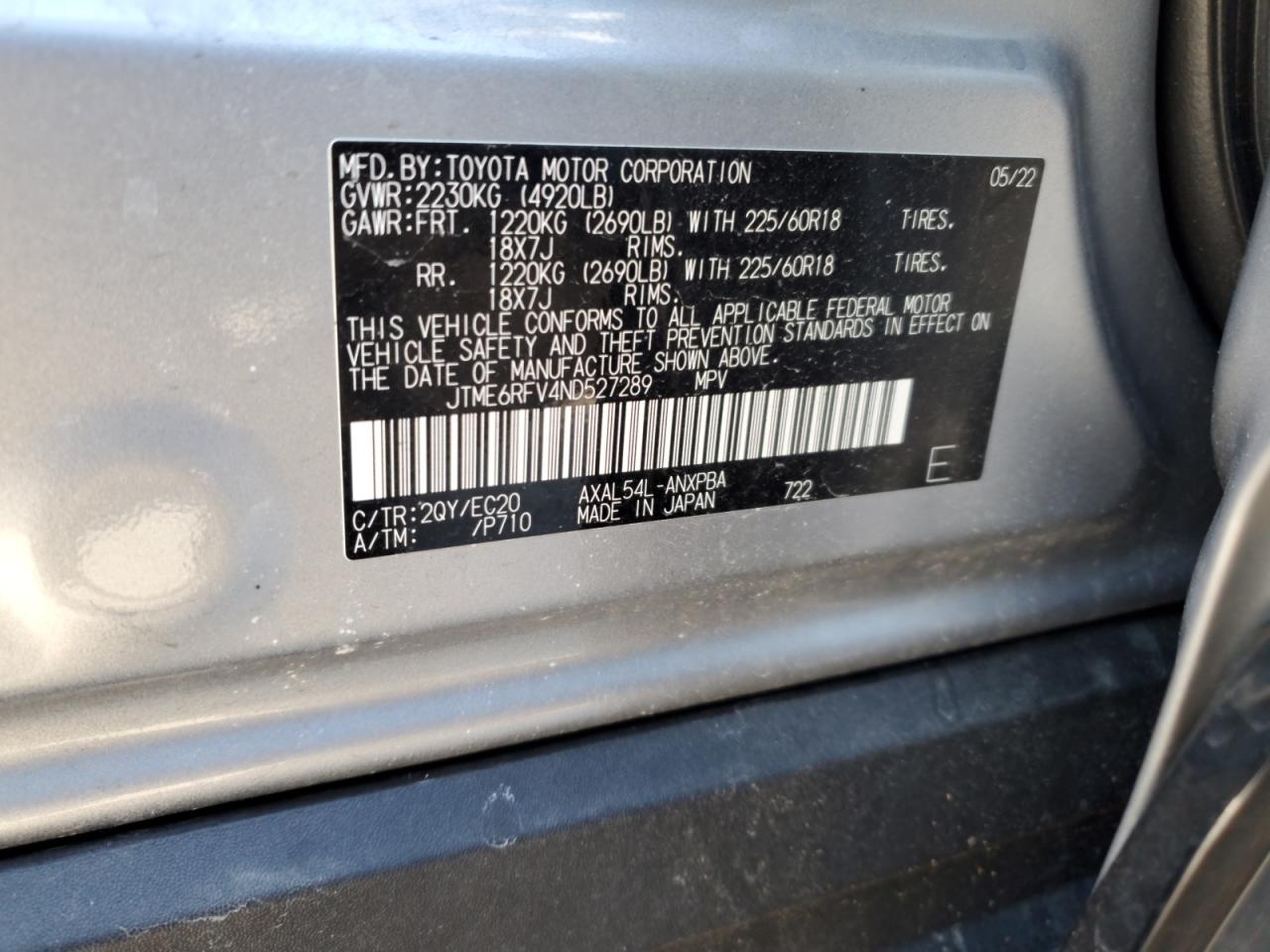 2022 TOYOTA RAV4 XSE VIN:JTME6RFV4ND527289