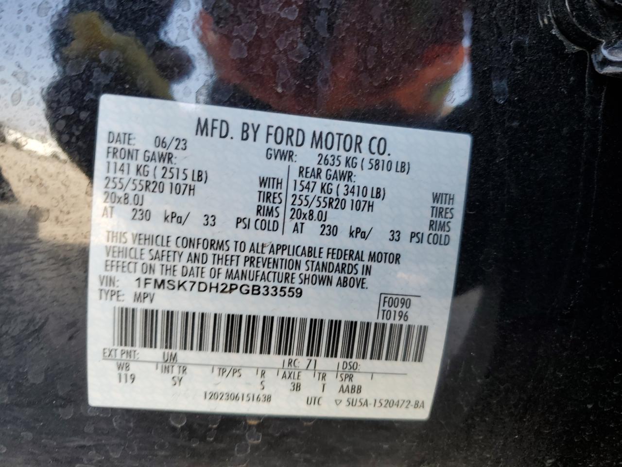 2023 FORD EXPLORER XLT VIN:1FMSK7DH2PGB33559