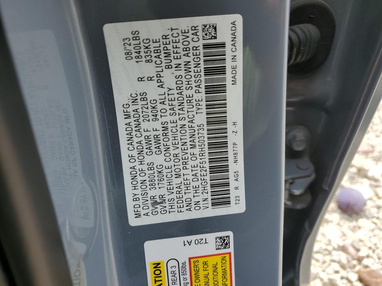 2024 HONDA CIVIC SPORT VIN:2HGFE2F51RH503735