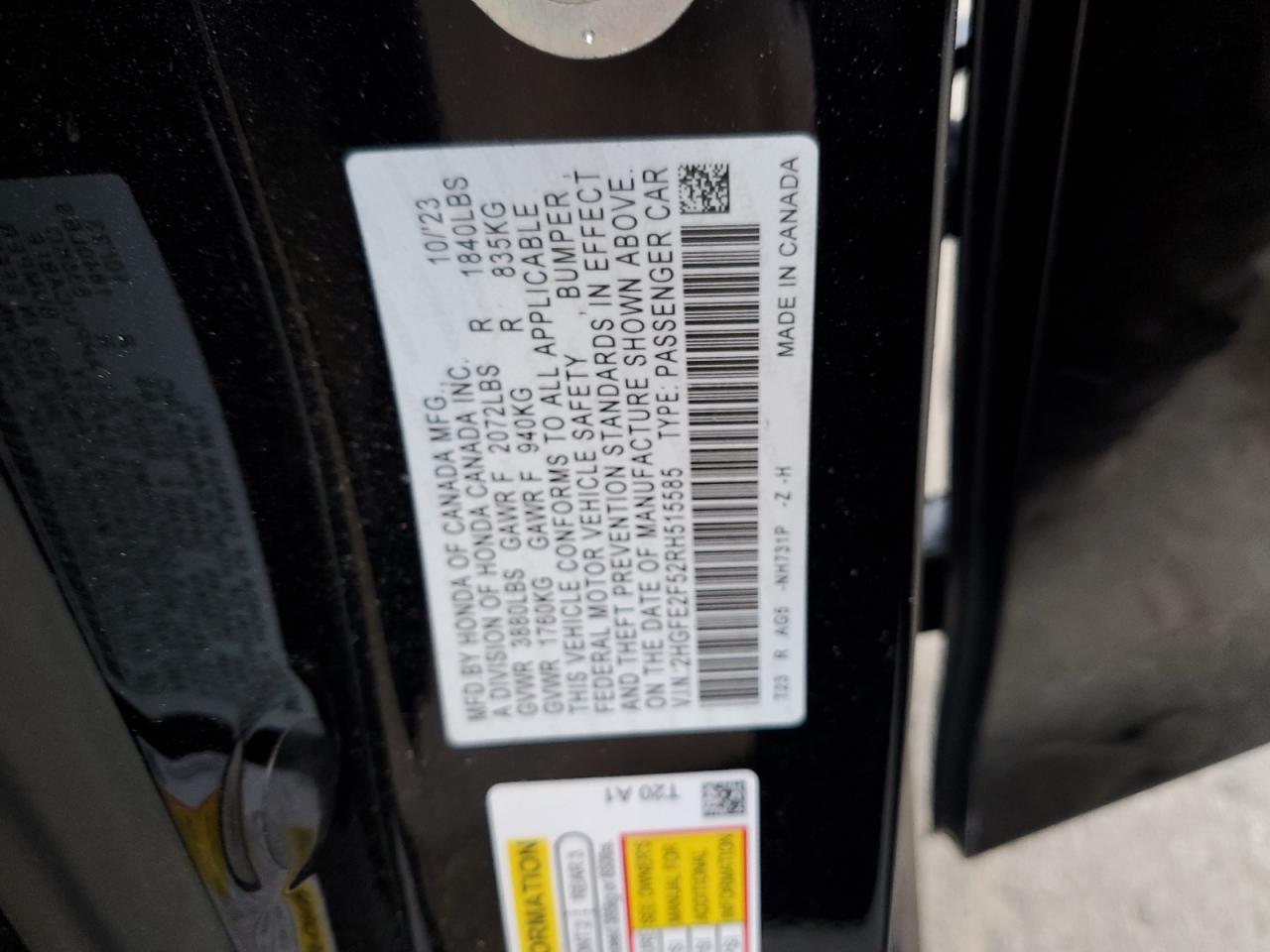 2024 HONDA CIVIC SPORT VIN:2HGFE2F52RH515585