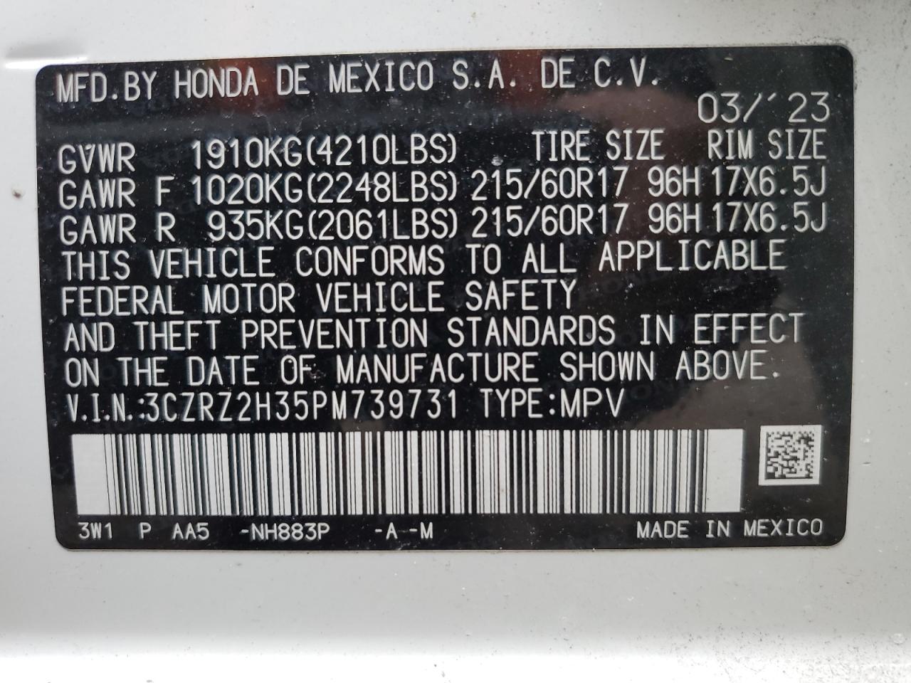 2023 HONDA HR-V LX VIN:3CZRZ2H35PM739731