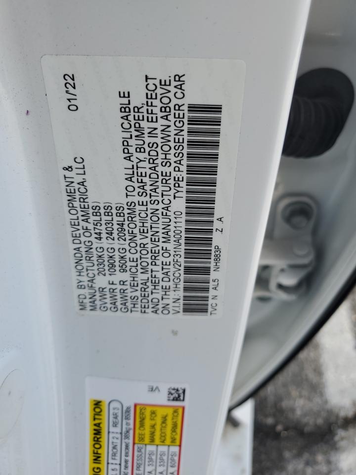 2022 HONDA ACCORD SPORT VIN:1HGCV2F31NA001110