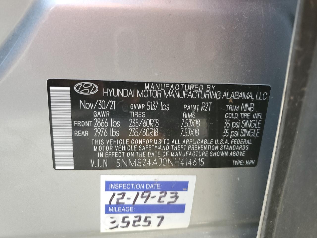 2022 HYUNDAI SANTA FE SEL VIN:5NMS24AJ0NH414615