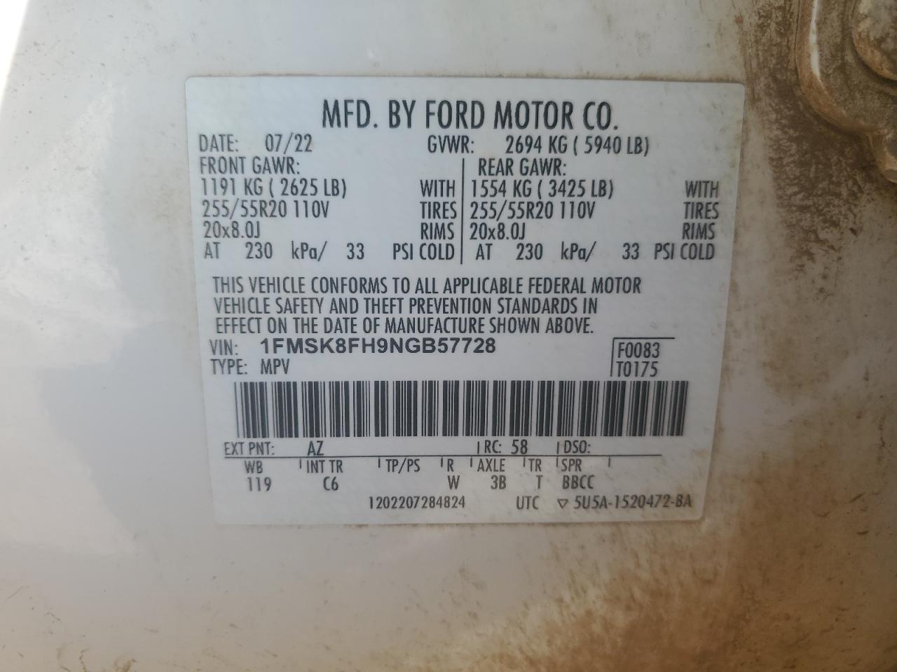 2022 FORD EXPLORER LIMITED VIN:1FMSK8FH9NGB57728