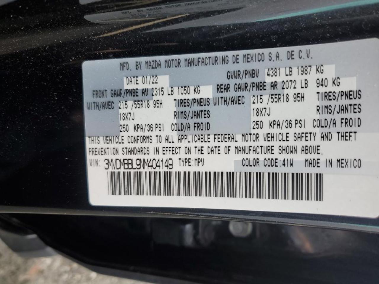 2022 MAZDA CX-30 SELECT VIN:3MVDMBBL9NM404149