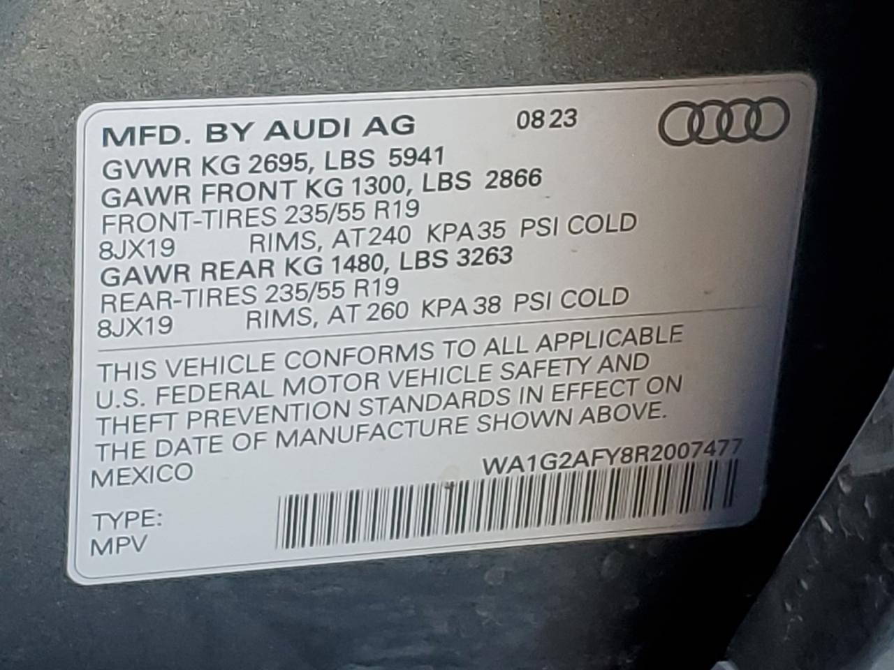 2024 AUDI Q5 E PREMIUM 55 VIN:WA1G2AFY8R2007477