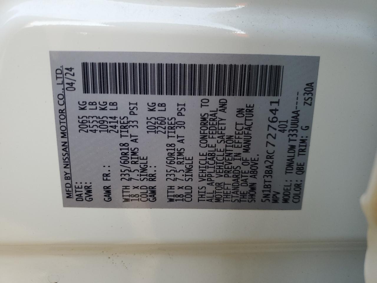 2024 NISSAN ROGUE SV VIN:5N1BT3BA2RC727641