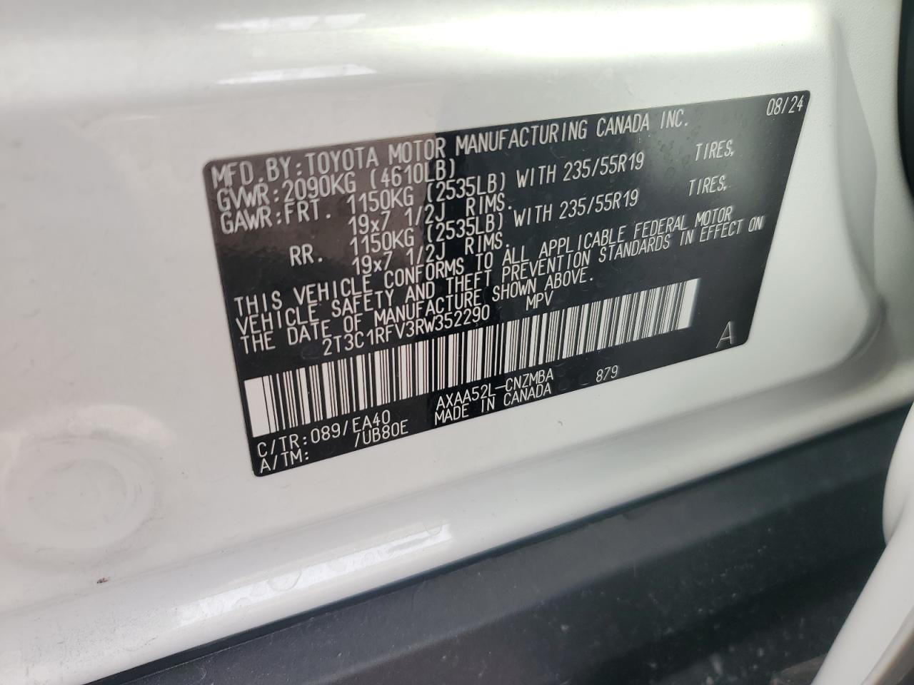 2024 TOYOTA RAV4 XLE PREMIUM VIN:2T3C1RFV3RW352290
