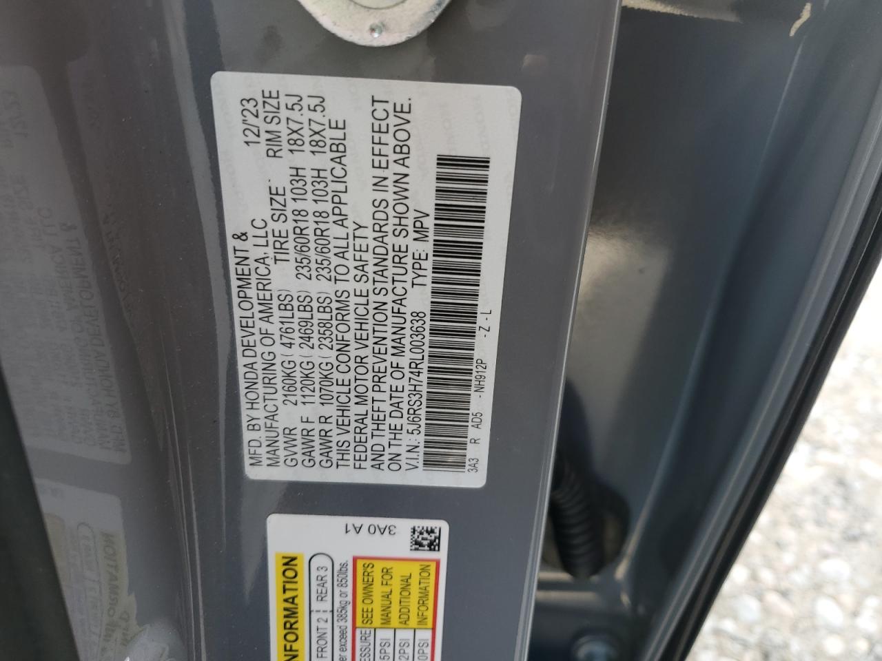 2024 HONDA CR-V EXL VIN:5J6RS3H74RL003638