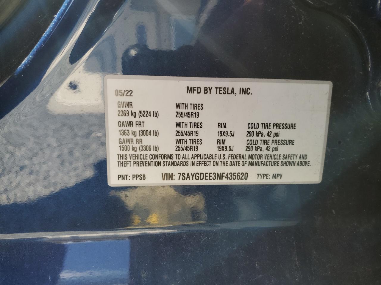 2022 TESLA MODEL Y  VIN:7SAYGDEE3NF435620