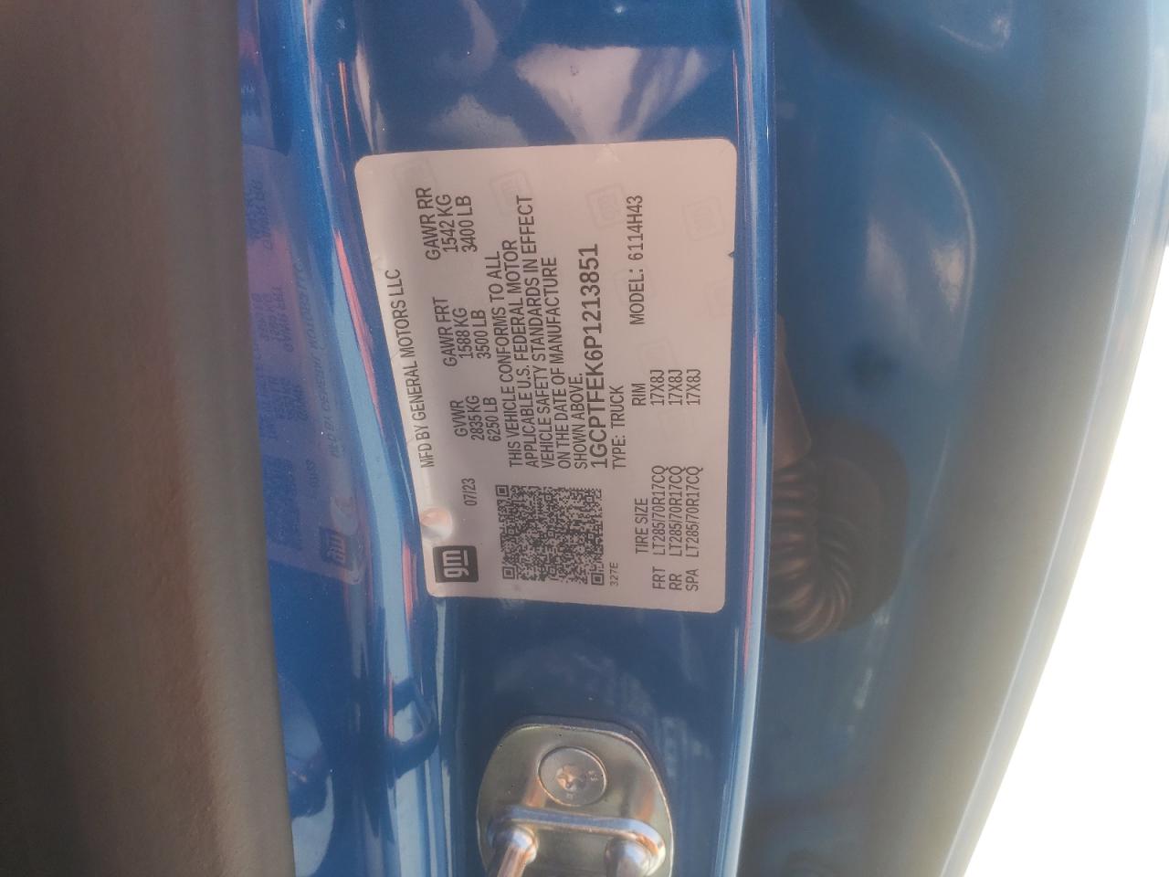 2023 CHEVROLET COLORADO ZR2 VIN:1GCPTFEK6P1213851