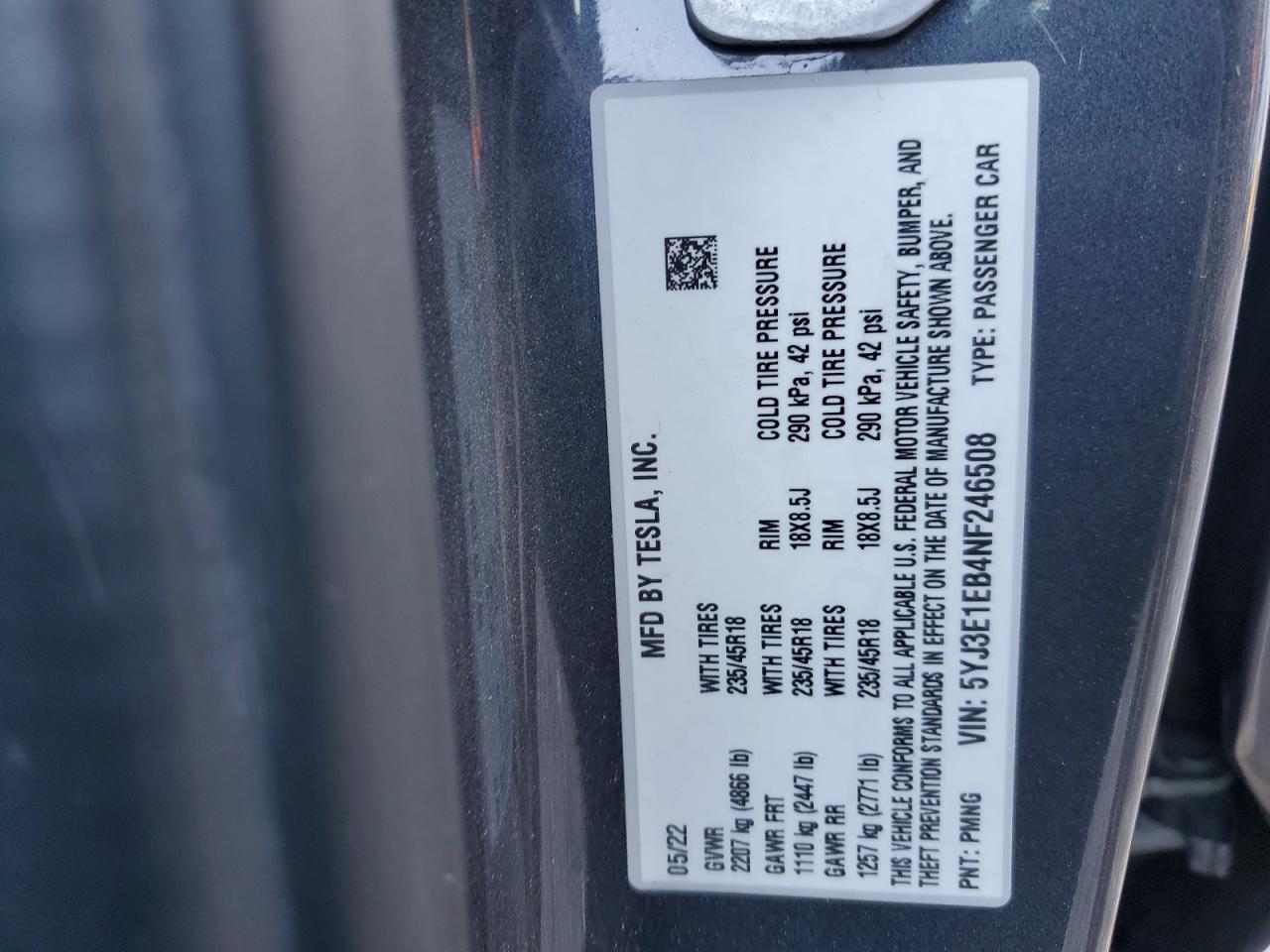 2022 TESLA MODEL 3  VIN:5YJ3E1EB4NF246508