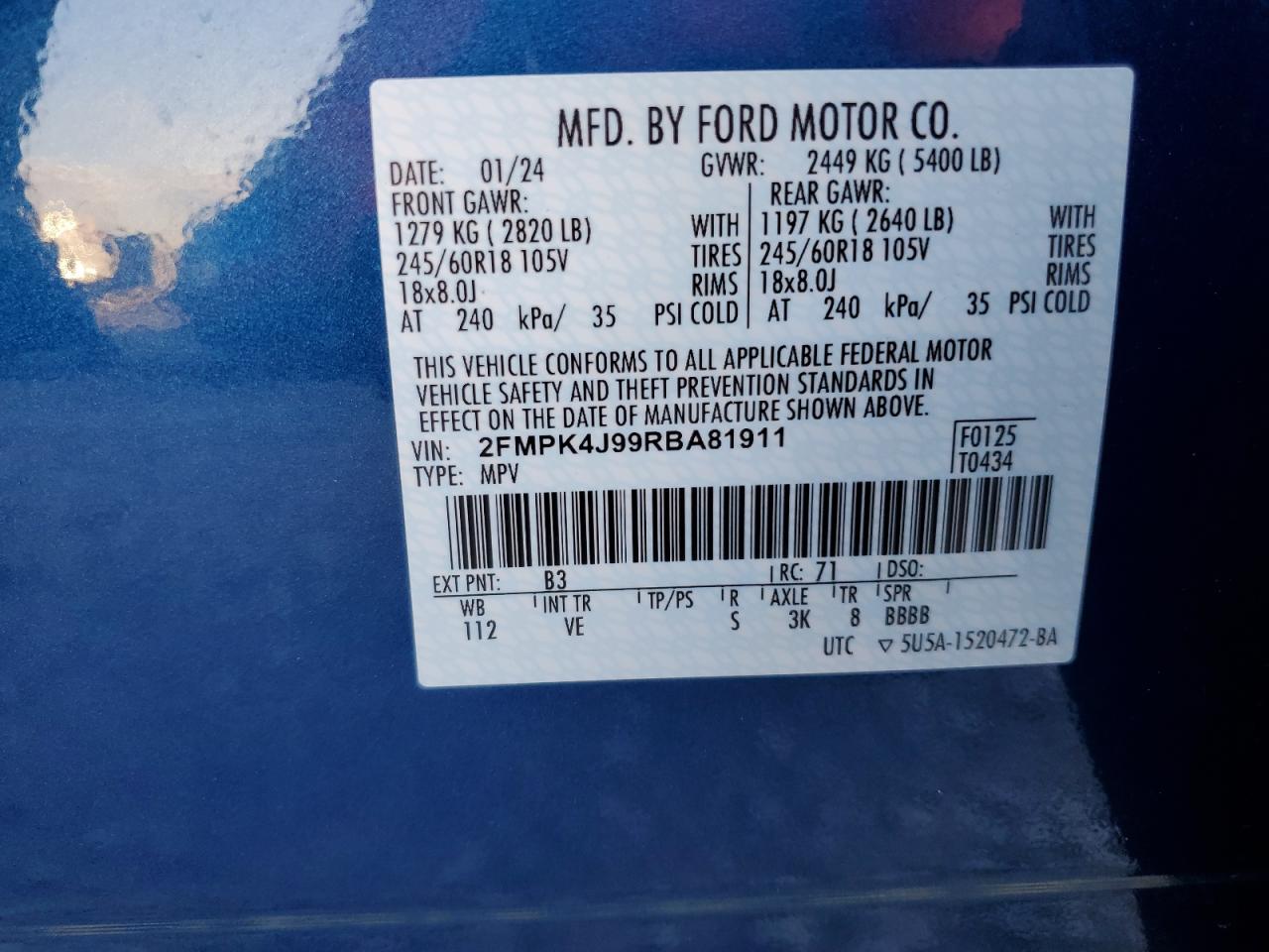 2024 FORD EDGE SEL VIN:2FMPK4J99RBA81911