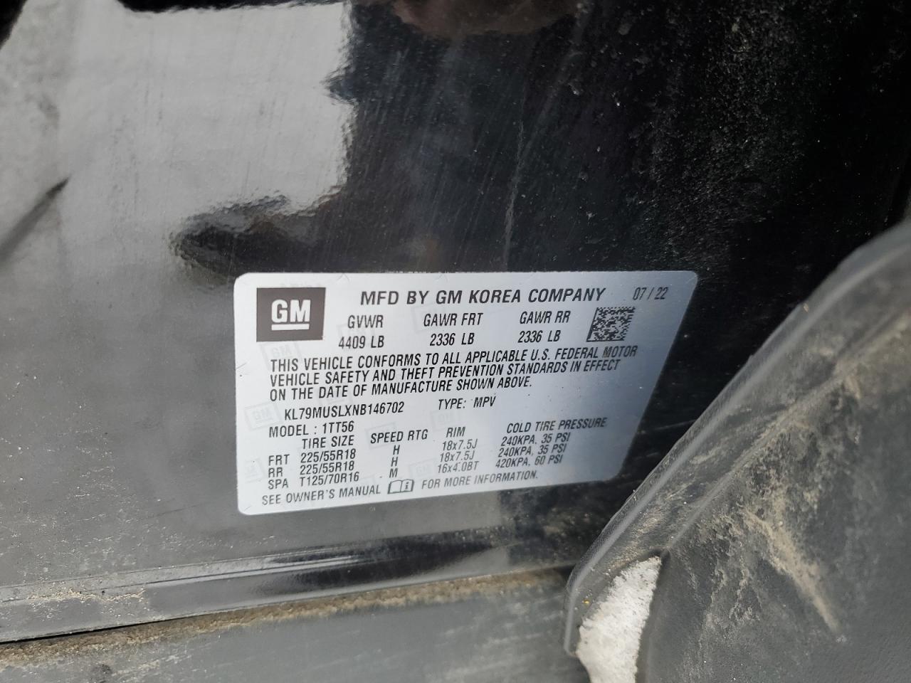 2022 CHEVROLET TRAILBLAZER RS VIN:KL79MUSLXNB146702