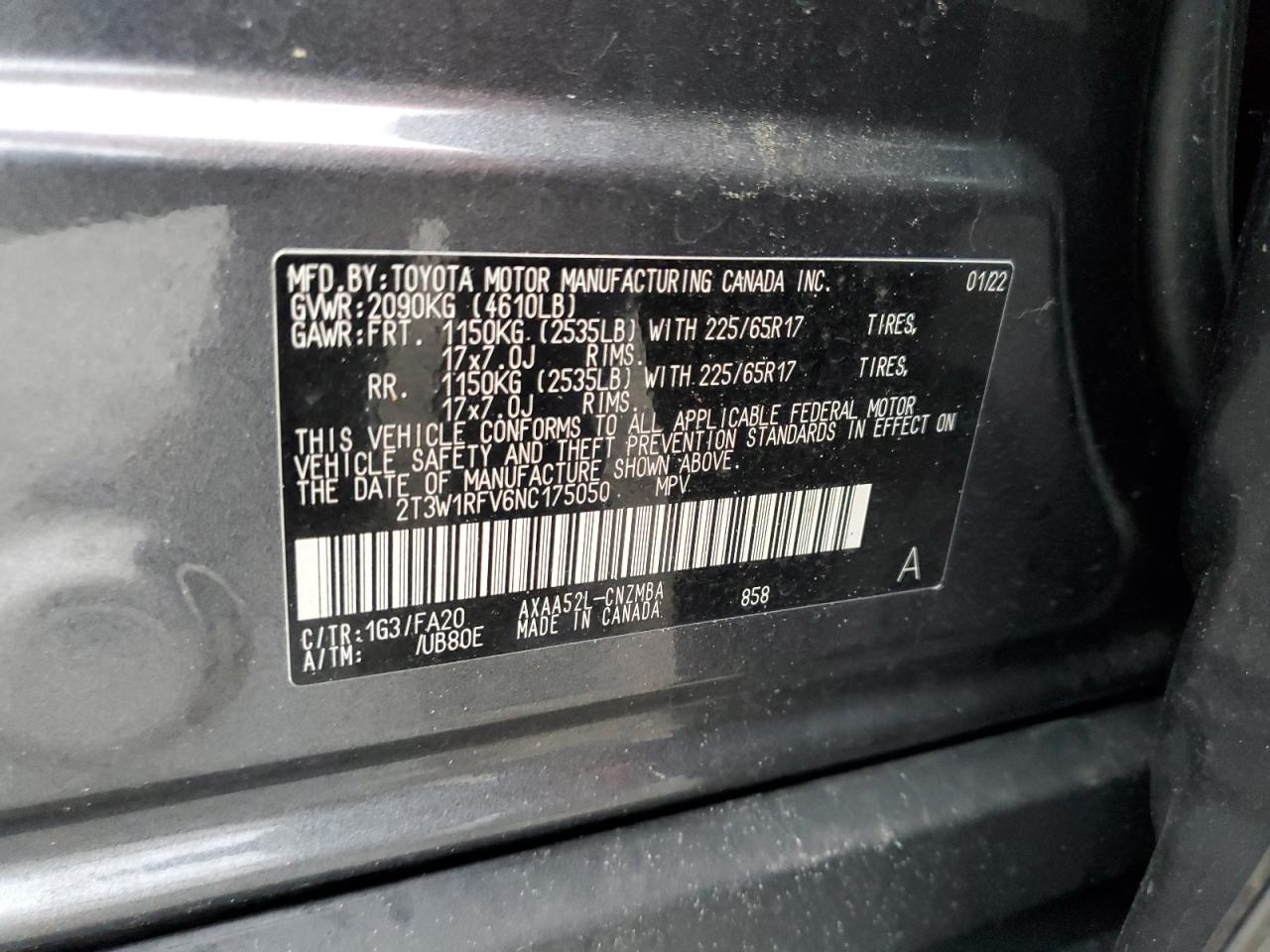 2022 TOYOTA RAV4 XLE VIN:2T3W1RFV6NC175050