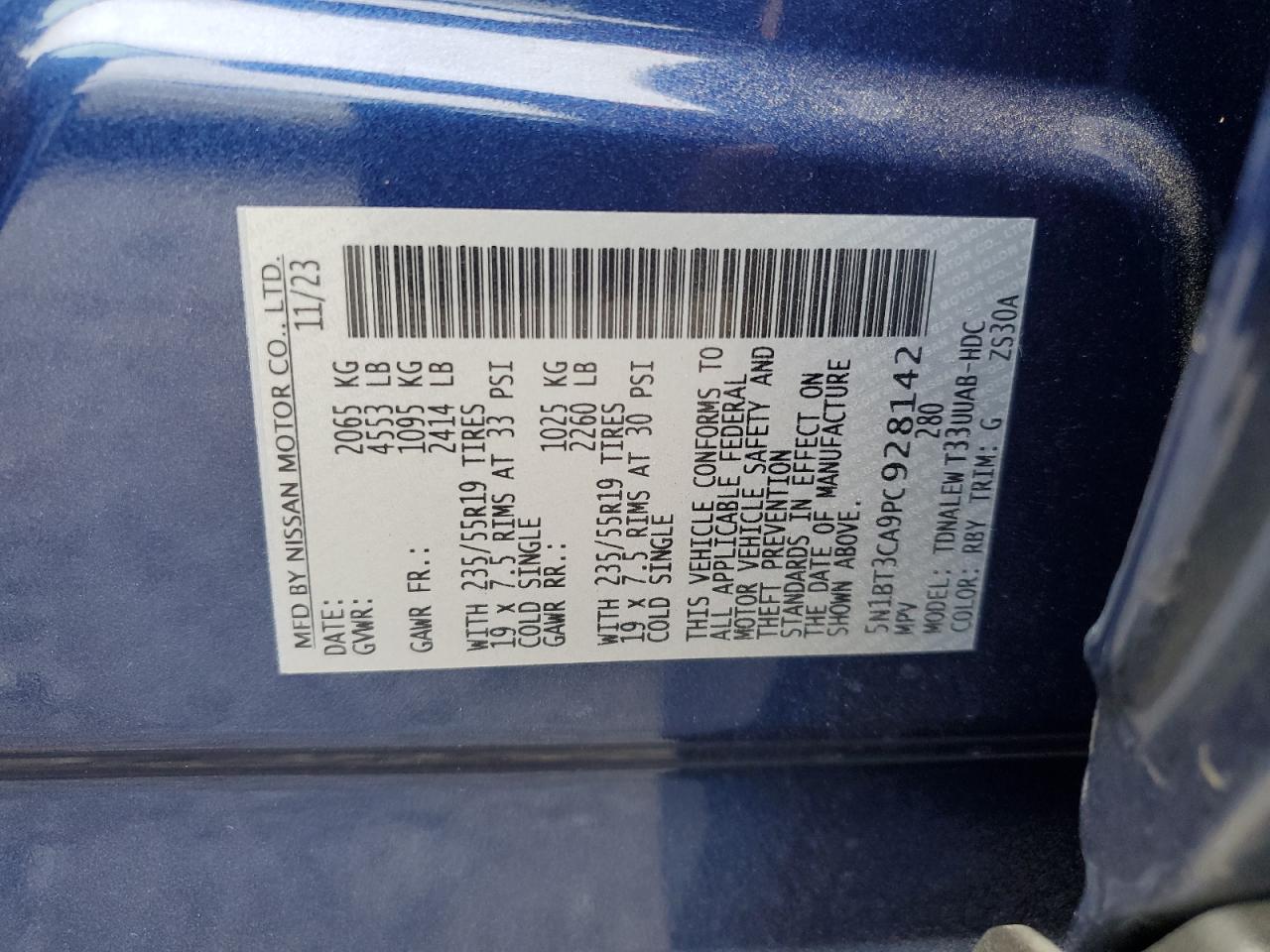 2023 NISSAN ROGUE SL VIN:5N1BT3CA9PC928142