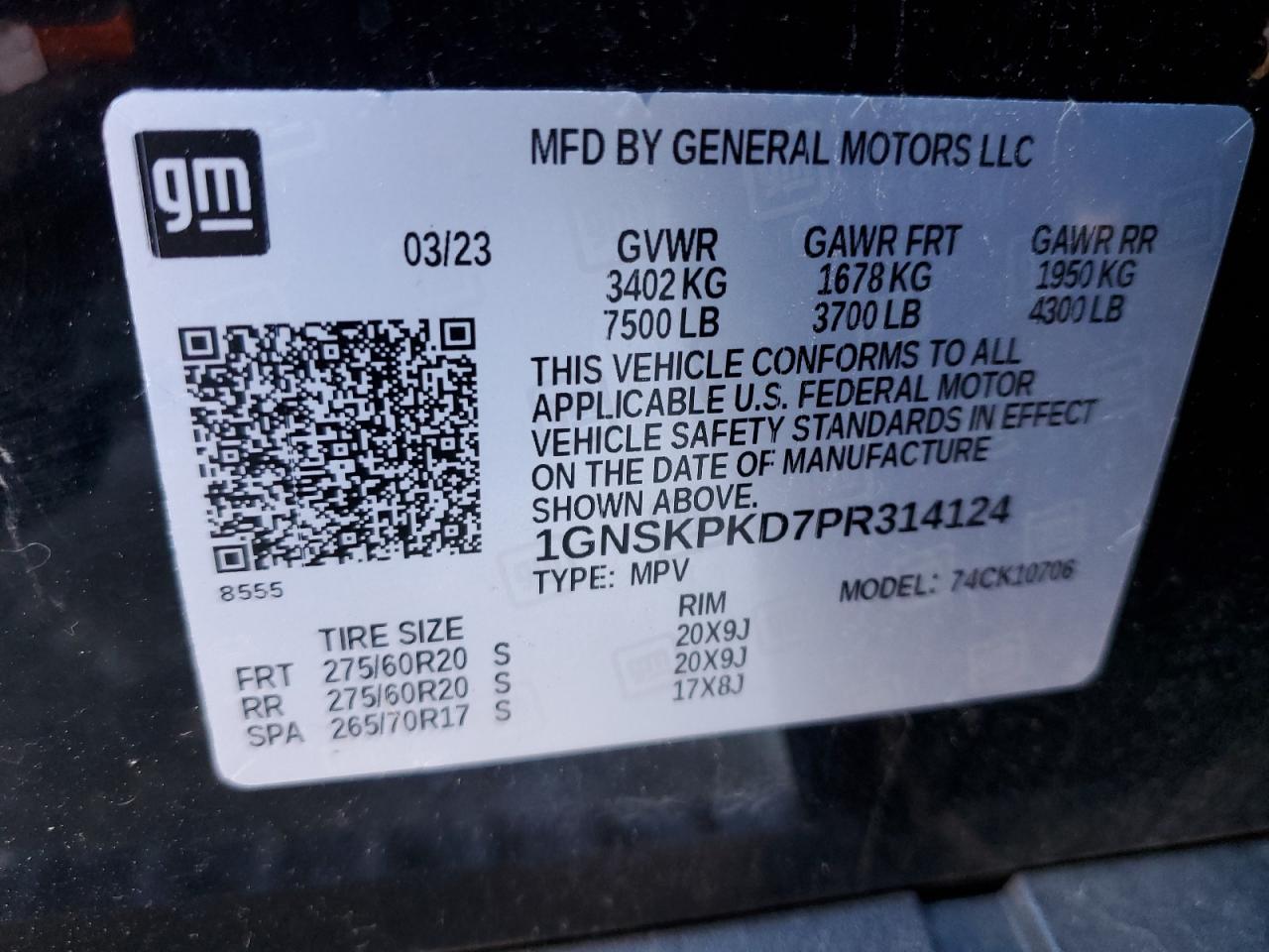 2023 CHEVROLET TAHOE K1500 Z71 VIN:1GNSKPKD7PR314124