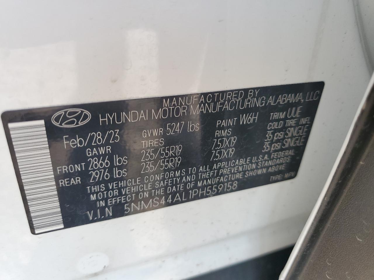 2023 HYUNDAI SANTA FE LIMITED VIN:5NMS44AL1PH559158