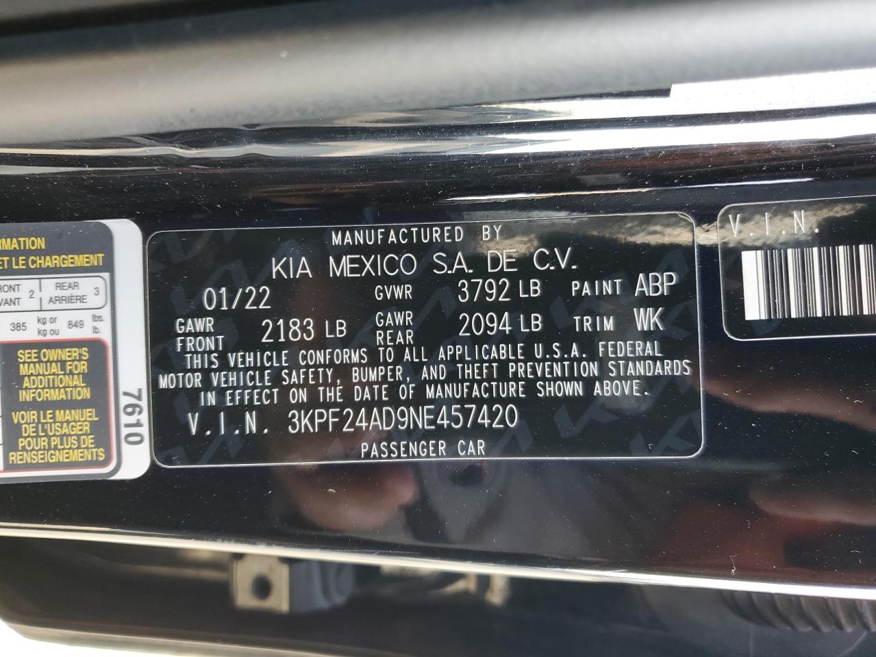 2022 KIA FORTE FE VIN:3KPF24AD9NE457420