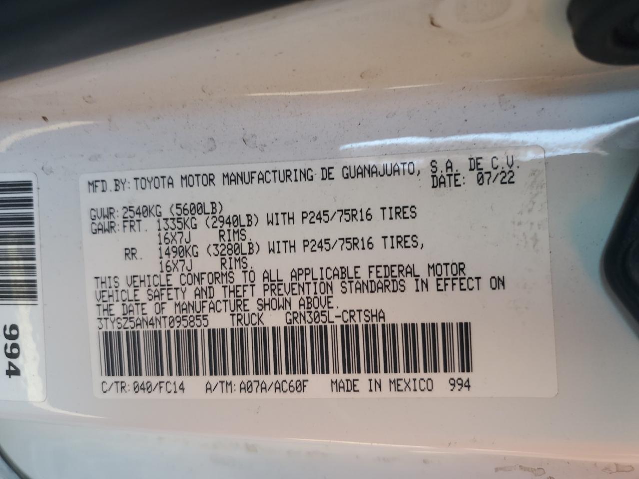 2022 TOYOTA TACOMA ACCESS CAB VIN:3TYSZ5AN4NT095855