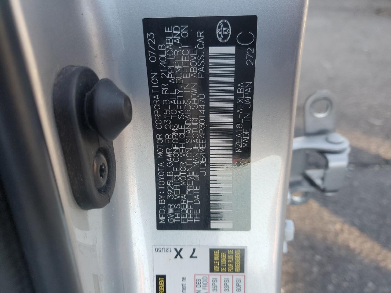 2023 TOYOTA COROLLA LE VIN:JTDB4MEE4P3014470