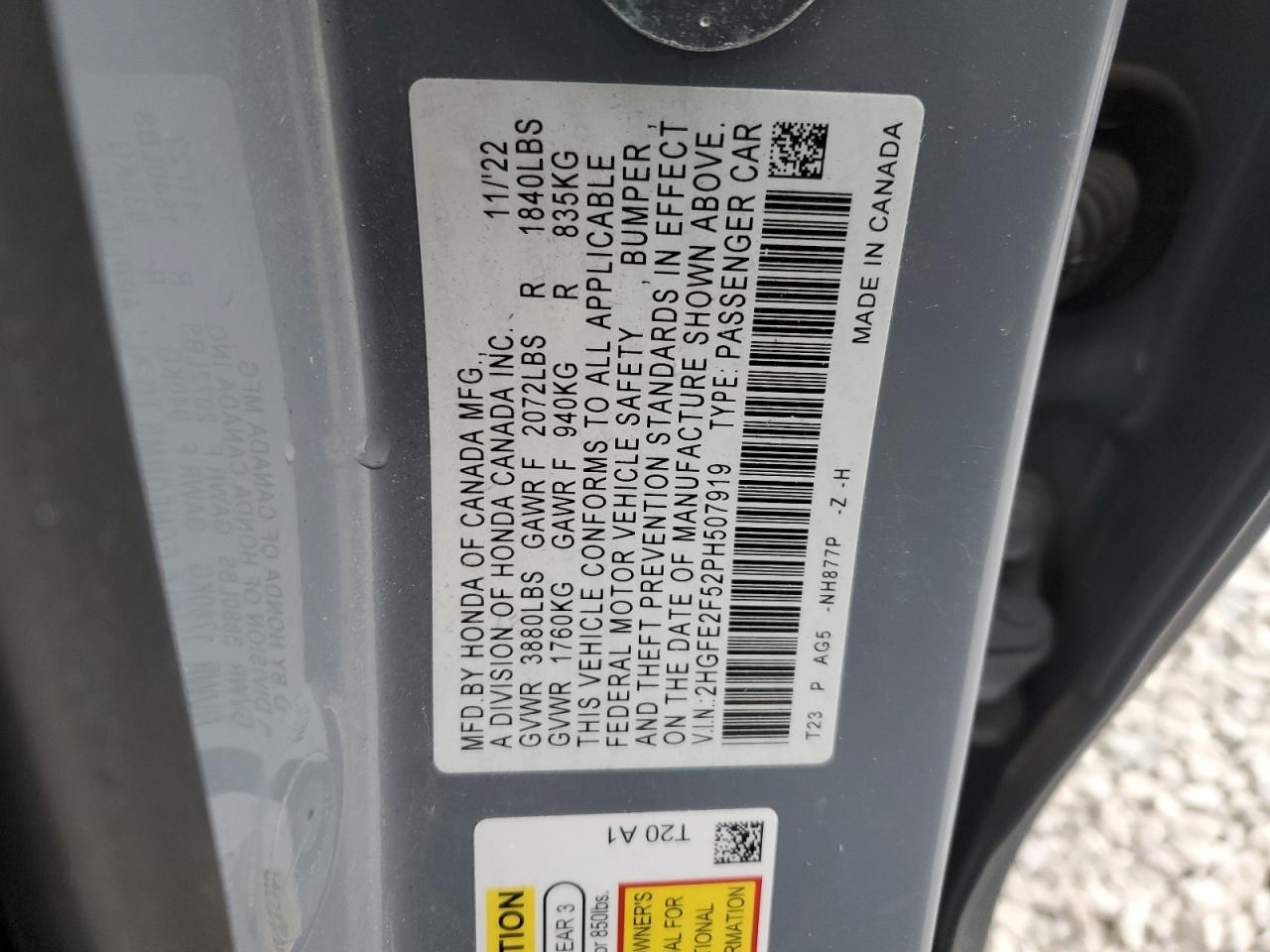 2023 HONDA CIVIC SPORT VIN:2HGFE2F52PH507919