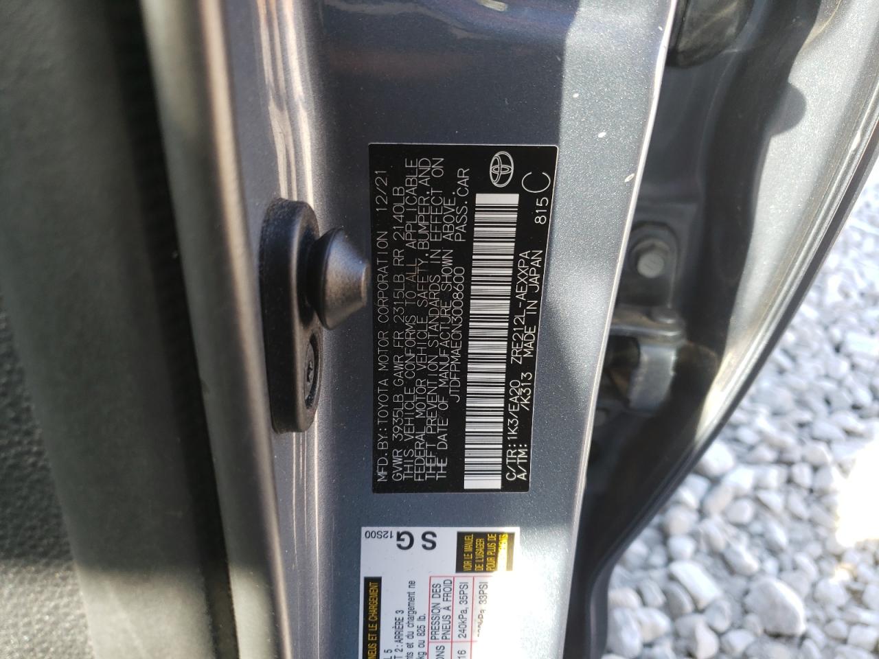 2022 TOYOTA COROLLA XLE VIN:JTDFPMAE0N3008600