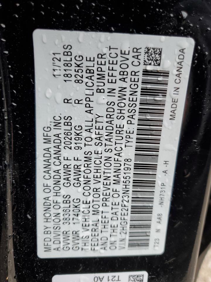 2022 HONDA CIVIC LX VIN:2HGFE2F23NH551978