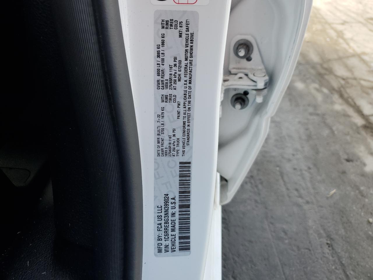 2022 RAM 1500 BIG HORN/LONE STAR VIN:1C6RREBG3NN399024