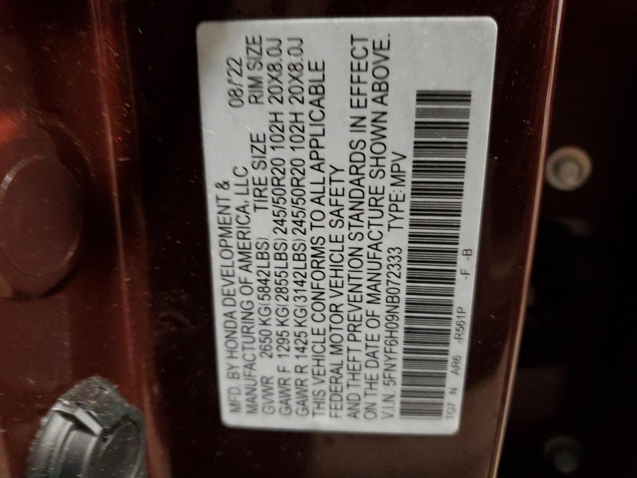 2022 HONDA PILOT ELITE VIN:5FNYF6H09NB072333