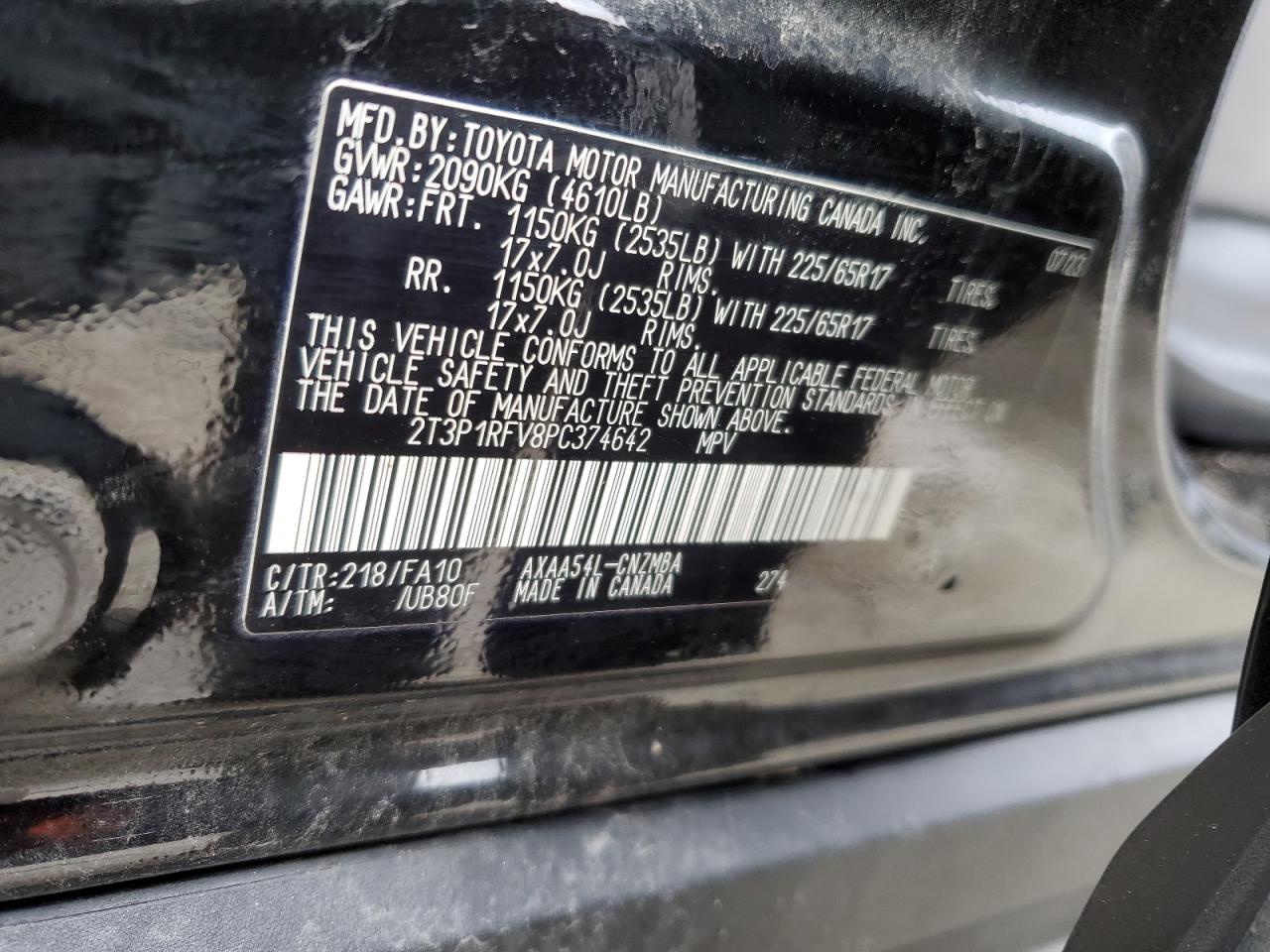 2023 TOYOTA RAV4 XLE VIN:2T3P1RFV8PC374642