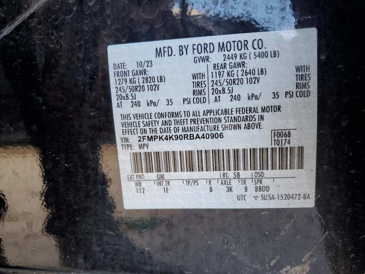 2024 FORD EDGE TITANIUM VIN:2FMPK4K90RBA40906