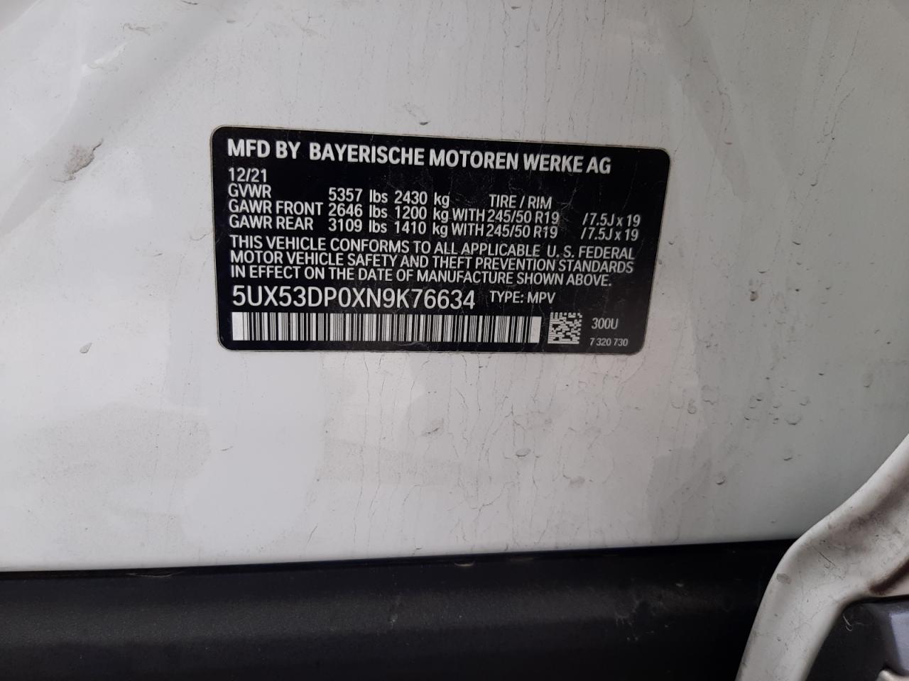 2022 BMW X3 XDRIVE30I VIN:5UX53DP0XN9K76634